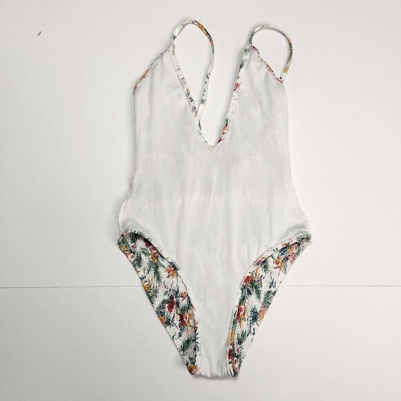 Floral Swimsuit Size 2 Deep V Neck One-Piece Adjustable Straps Stretch White - Picture 7 of 10